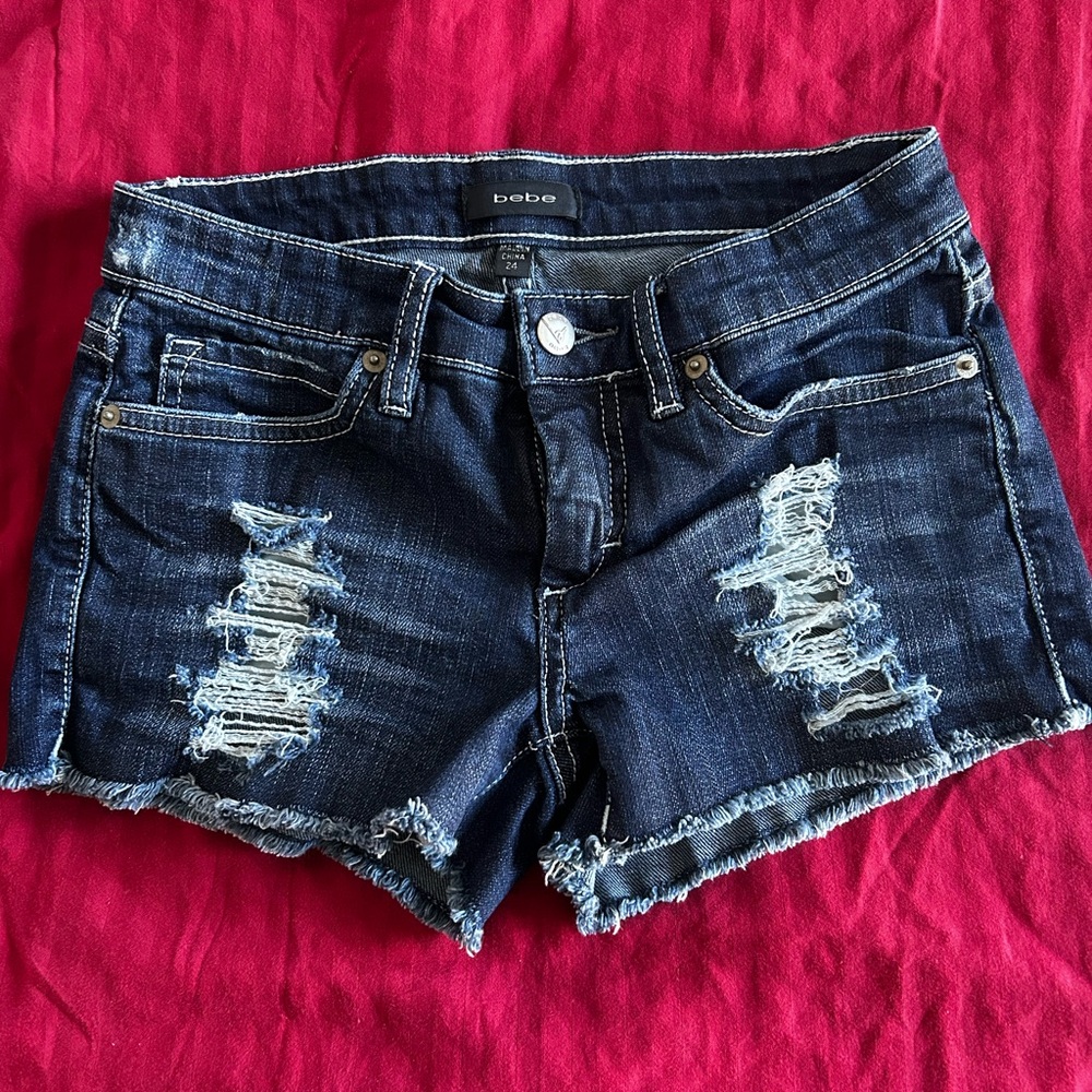 Bebe Women's Ripped Jean Shorts - Dark Blue